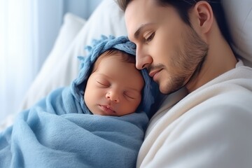 Man holding adorable baby wrapped in blue blanket. Generative AI