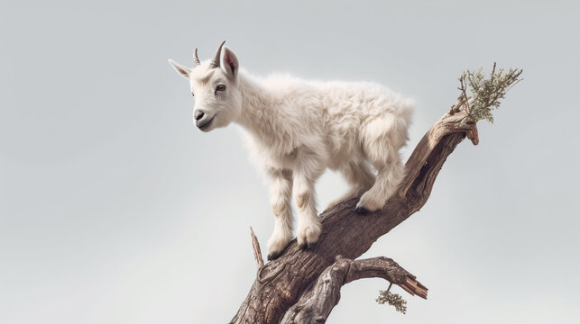 white goat  sitting   on the branch HD 8K wallpaper Stock Photographic Image