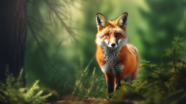 red fox in the forest HD 8K wallpaper Stock Photographic Image