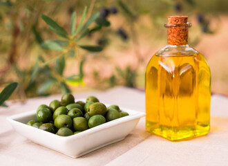 olive oil in a glass bottle and ripe black olives on the background of olive branches in the garden