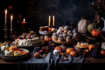 Cupcakes and other pastries at the Halloween celebration, AI Generated