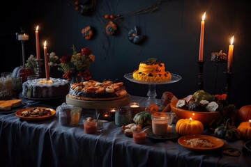 Cupcakes and other pastries at the Halloween celebration, AI Generated