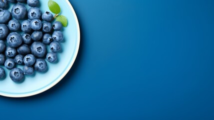 Blueberry on plate on blue background top view. Natural organic blueberries. Free space for text. Ai generated.