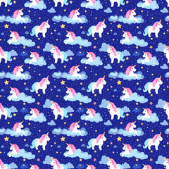 Seamless pattern with cute unicorns on floral background. Perfect for textile, wallpaper or print design.