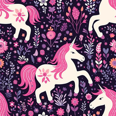Seamless pattern with cute unicorns on floral background. Perfect for textile, wallpaper or print design.