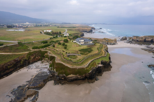 Aerial view of Praia dos Castros in north Spain