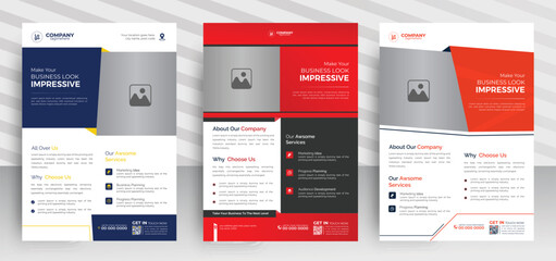 3 colorful concepts Corporate business flyer template design set with blue, orange, and red colors. marketing, business proposal, promotion, advertise, publication, modern leaflet design vector  file