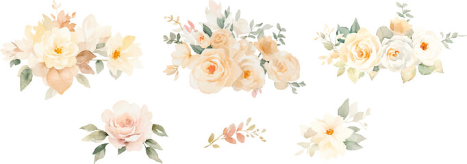 Vector watercolor floral bouquets with gentle beige flowers, neutral watercolor floral arrangement. Perfect for wedding invitations, packages, save the date