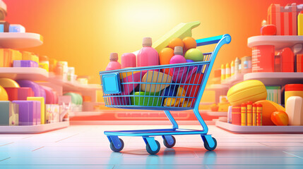 Modern and vibrant supermarket cart icon depicting a shopping cart filled with various groceries and household items - obrazy, fototapety, plakaty