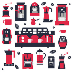 Collection of coffee tools and utensils for brewing and serving, isolated vector clipart. Flat style. Coffee machine, cezve, french press and other coffee house equipment.