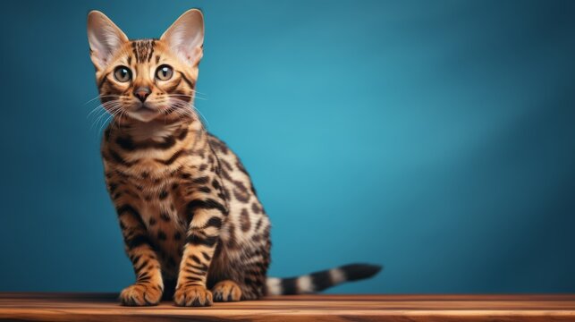 Small Bengal cat photo portrait close up. Free space for text. Ai generated.