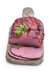 Dried meat beef jerky slices isolated on white
