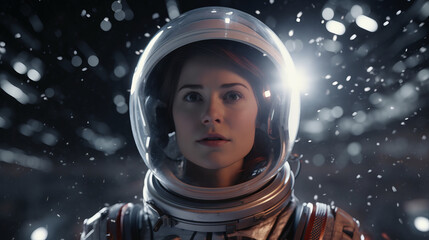 Portrait of a woman cosmonaut with space suit helmet