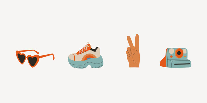 Set of retro elements from the 80s and 90s. Hand gesture peace, running shoes, heart glasses, instant camera. Vector flat trend illustration.