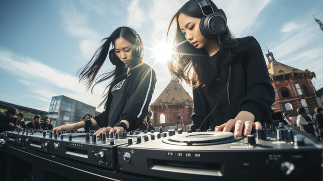 Two asian girl DJ behind mixing deck at an outdoor summer festival