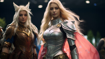 Blond caucasian girl doing an Elf woman warrior cosplay with beautiful armor - obrazy, fototapety, plakaty