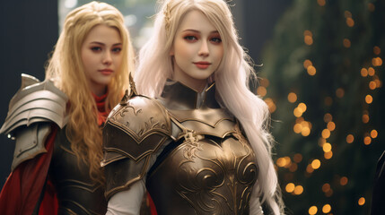 Blond caucasian girl doing an Elf woman warrior cosplay with beautiful armor - obrazy, fototapety, plakaty
