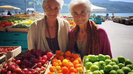 Two elder women at farmer market in front of vegetables