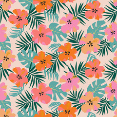 Fototapeta na wymiar Tropical flower pattern seamless, silhouette of blooming, hand drawn botanical, Floral leaf for spring and Summer time, natural ornaments for textile, fabric, wallpaper, background design.