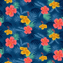 Fototapeta na wymiar Tropical flower pattern seamless, silhouette of blooming, hand drawn botanical, Floral leaf for spring and Summer time, natural ornaments for textile, fabric, wallpaper, background design.