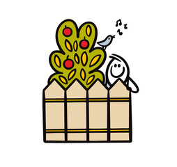 Stickman looks out from behind the fence in the orchard. Vector illustration of a tree with apples and a singing bird.