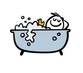 Funny person taking bath in hot water. Vector illustration of happy stickman and yellow duck toy.