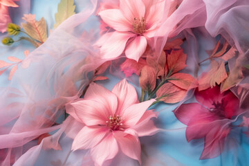Fototapeta na wymiar Creative layout made with flowers and pastel color tulle fabric. Spring, nature minimal concept. Fashion background. Generative AI.