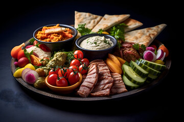 Mezze Platter: Middle Eastern-inspired platter featuring hummus, falafel, stuffed grape leaves, tabbouleh, and pita bread.