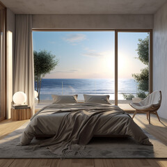 Modern interior of Bedroom, with panoramic ocean