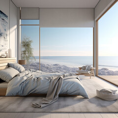 Modern interior of Bedroom, with panoramic sea
