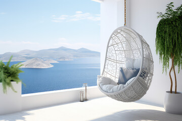 Rattan oval shaped pendant chair with white pillows against a tropical backdrop outside the window. Suspended armchair on the background of a tropical seaside summer landscape. Generative AI photo.