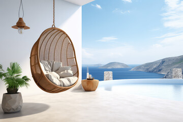Rattan oval shaped pendant chair with white pillows against a tropical backdrop outside the window. Suspended armchair on the background of a tropical seaside summer landscape. Generative AI photo.