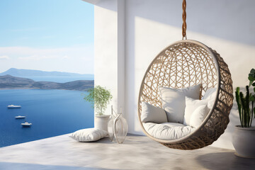 Rattan oval shaped pendant chair with white pillows against a tropical backdrop outside the window. Suspended armchair on the background of a tropical seaside summer landscape. Generative AI photo.