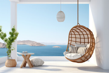 Rattan oval shaped pendant chair with white pillows against a tropical backdrop outside the window. Suspended armchair on the background of a tropical seaside summer landscape. Generative AI photo.