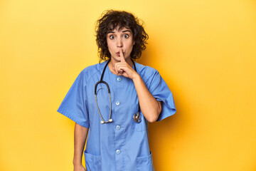 Curly-haired Caucasian woman nurse on yellow studio keeping a secret or asking for silence.