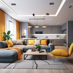 Modern open plan living room interior in bright colors