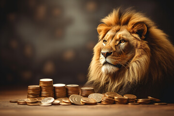 Lion several gold coins Generative AI