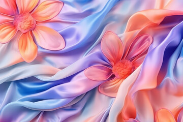 Creative layout made with flowers and pastel color silk fabric. Spring, nature minimal concept. Fashion background. Generative AI.