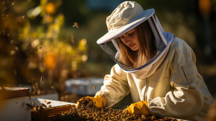 Female beekeeper in beekeeping suit with beekeeping hat hood veil and sun light - obrazy, fototapety, plakaty