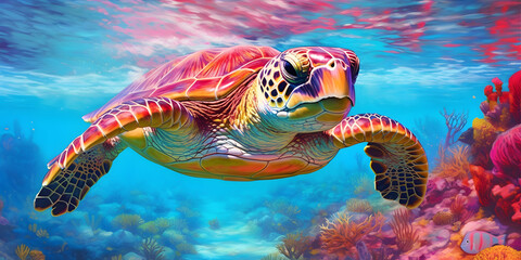 Fototapeta na wymiar Nestled within a vibrant coral reef, a majestic Hawksbill Sea Turtle glides effortlessly through crystal-clear turquoise waters