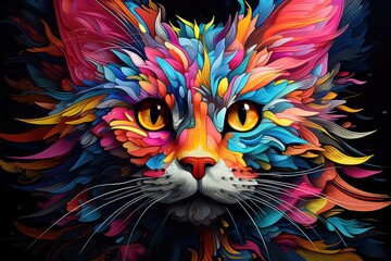 Painting of Colorful cat head full of bright colors and cubist futurism. Digital artwork. 