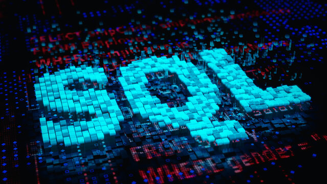 SQL word and SQL statements (Structured Query Language) code on a blue matrix background. 3D rendering.