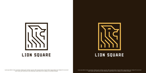 Square lion logo design illustration. Flat creative silhouette geometric line wild animal lion in forest square simple majesty elegant minimalist royal luxury monogram predator carnivore mammal cat