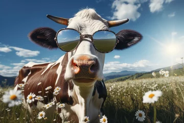 Foto auf Acrylglas Awesome cool cow wearing sunglasses in a field with flowers  © Photo And Art Panda