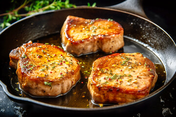 Simple and delicious pan fried pork chops in sizzling butter with thyme. Traditional American cuisine dish specialty for family dinner holiday celebrations