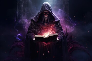 Fantasy illustration of an evil sorcerer in a purple robe casting a strong magic spell, powerful and mysterious, character design, Generative AI - obrazy, fototapety, plakaty