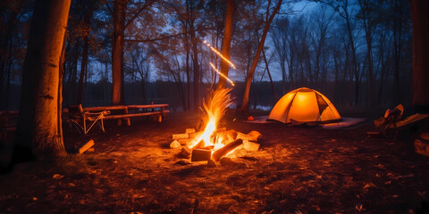 campfire flickering in the night, casting dancing shadows on the surrounding trees