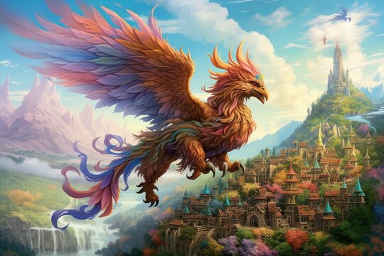 fantasy setting with a colorful flying hippogryph and town / castle, mthyical creature, Generative AI