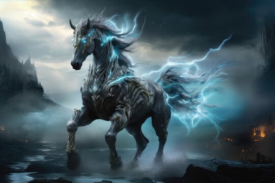 Dark grey / black horse capturing the pulsating electric energy, cloudy dramatic fantasy scene with blue thunder, generated by AI