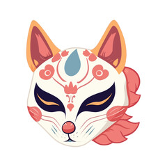 Vector Cute traditional japanese kitsune mask with sakura flower sticker isolated on white background kabuki, fox, logo icon vector illustration	